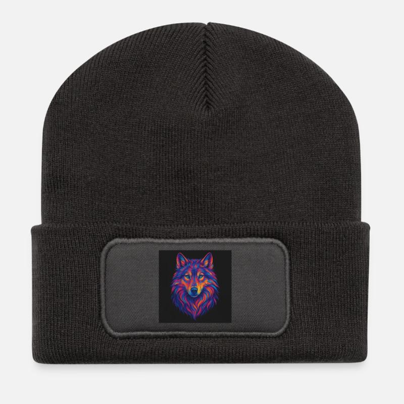 Neon Wolf Head Art - Recycled Patch Beanie - dark grey