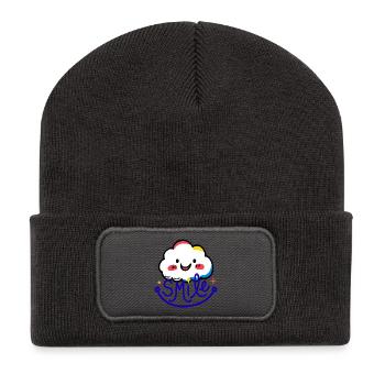 Eine Wolke und ein buntes Lächeln - Recycelte Patch Beanie - Dunkelgrau - Vorne