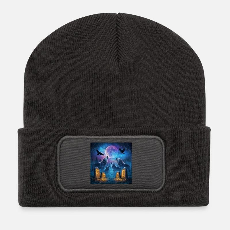 Mondnacht der Wölfe - Recycelte Patch Beanie - Dunkelgrau