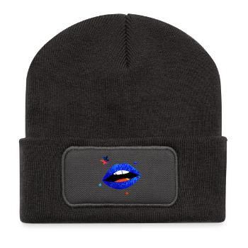 Elektrischer blauer Lippenpopp - Recycelte Patch Beanie - Dunkelgrau - Vorne