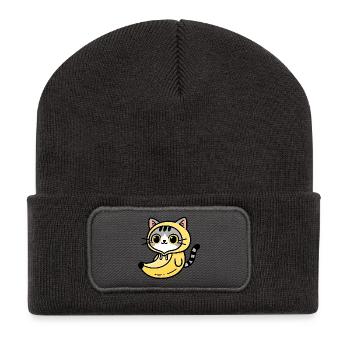 Chat kawaii en hoodie jaune banane - Beanie recyclé à patch - charbon - Devant