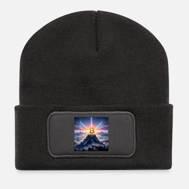 Bitcoin Gipfellicht über Bergkette - Recycelte Patch Beanie - Dunkelgrau