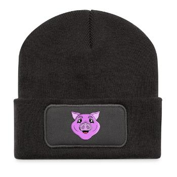 Lila Schwein Lächeln - Recycelte Patch Beanie - Dunkelgrau - Vorne