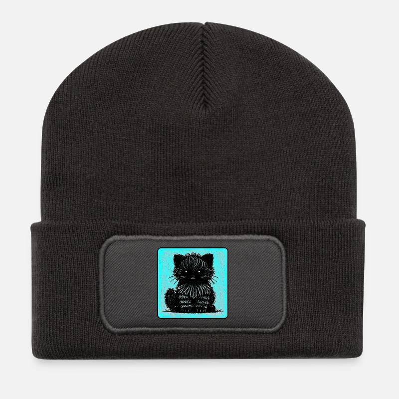 Wuschelkatze (Cyan) - Recycelte Patch Beanie - Dunkelgrau