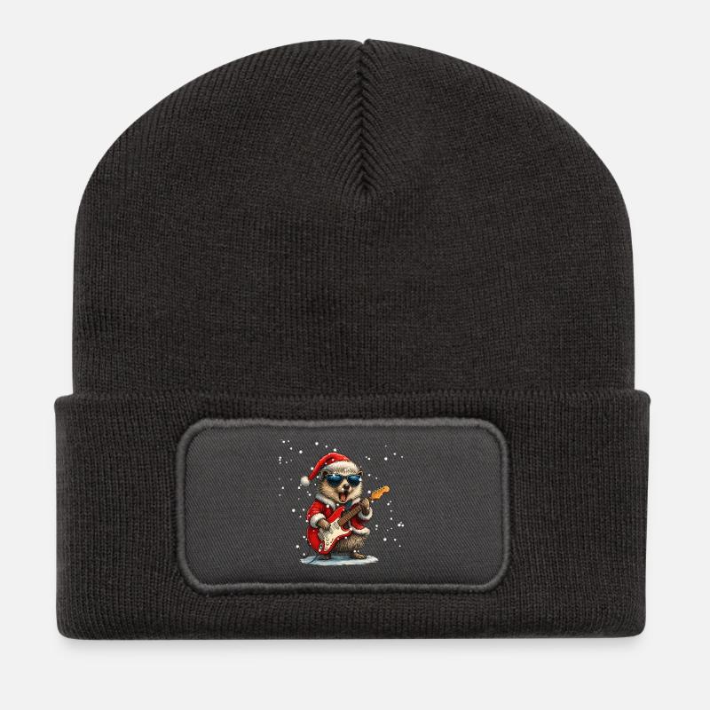 Hérisson Rockeur Noël Guitare Design Drôle - Beanie recyclé à patch - charbon