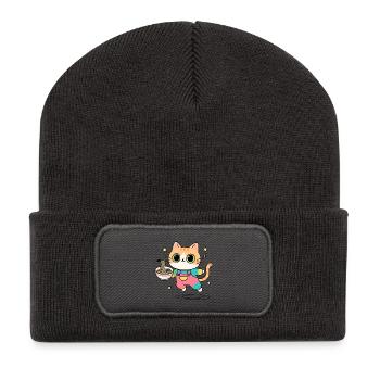 Chat bol de Ramen Multicolore - Beanie recyclé à patch - charbon - Devant
