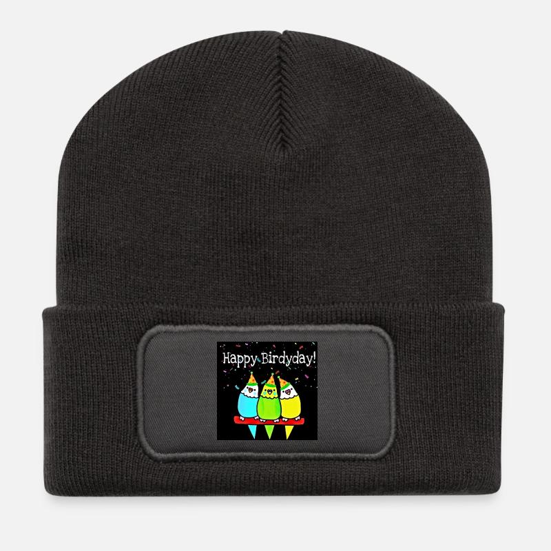 Three Colorful Birthday Birds - Recycled Patch Beanie - dark grey