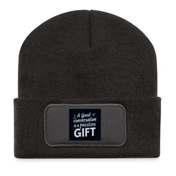 Une bonne conversation est un cadeau précieux - Beanie recyclé à patch - charbon - Devant