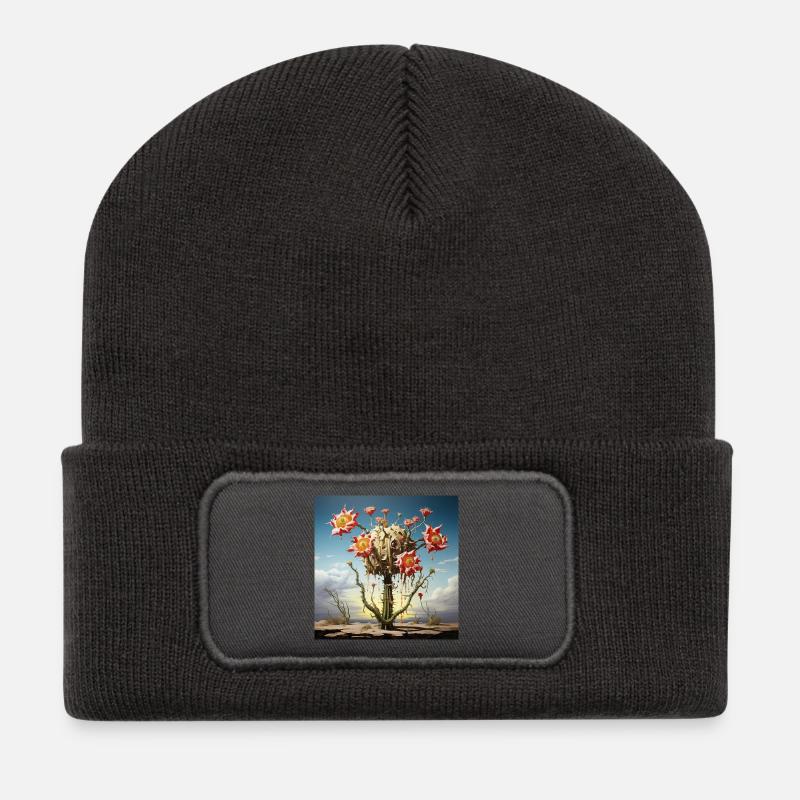 S surrealer Kaktus mit riesigen Blüten - Recycelte Patch Beanie - Dunkelgrau