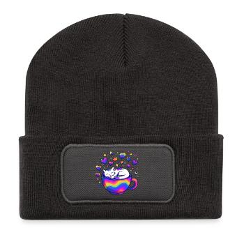 Rainbow Cat in Mug - Recycled Patch Beanie - dark grey - Front
