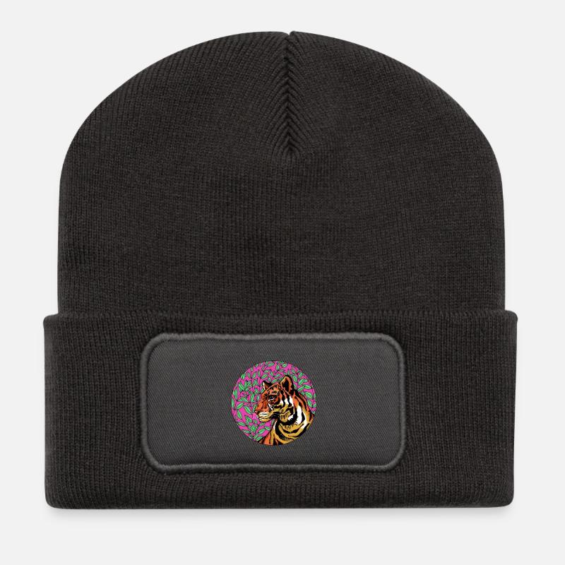 Tiger im rosa Laub - Recycelte Patch Beanie - Dunkelgrau