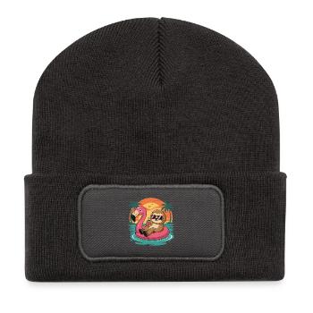 Lustiger Faultier, tropischer Sommer Flamingo-Float Sonnenuntergang - Recycelte Patch Beanie - Dunkelgrau - Vorne