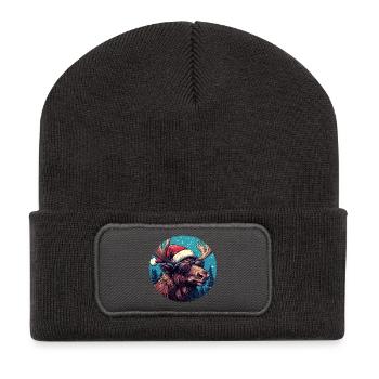  Rentier mit Sonnenbrille - Recycelte Patch Beanie - Dunkelgrau - Vorne