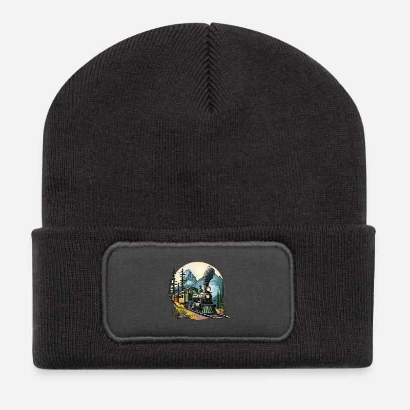 Dampfzug Berglandschaft - Recycelte Patch Beanie - Dunkelgrau