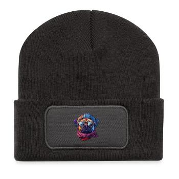 Tuque et foulard hipster Carlin portant des lunettes de soleil - Beanie recyclé à patch - charbon - Devant