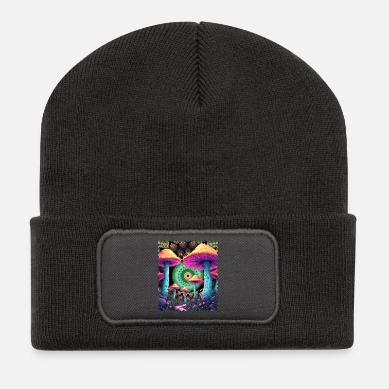 Psychedelic mushrooms in the mandala forest - Recycled Patch Beanie - dark grey