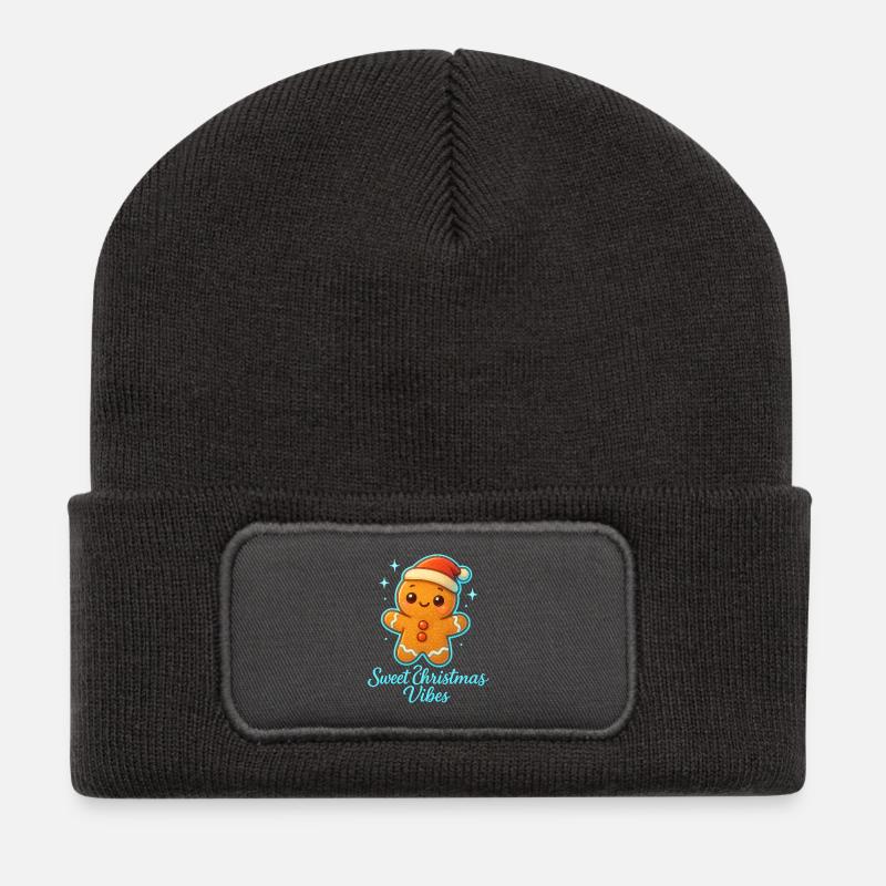 Weihnachtslebkuchen mit Santa-Hut - Recycelte Patch Beanie - Dunkelgrau