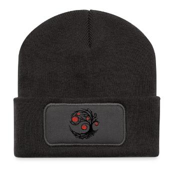 Stilisierter schwarzer Baum und rote Rosen - Recycelte Patch Beanie - Dunkelgrau - Vorne