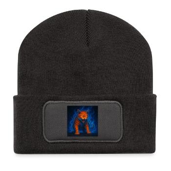 Flaming cat in blue flames - Recycled Patch Beanie - dark grey - Front