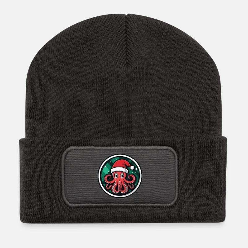 Weihnachtsoktopus mit Santa Hut - Recycelte Patch Beanie - Dunkelgrau