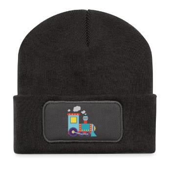 Bunte Spielzeug-Dampflok-Illustration - Recycelte Patch Beanie - Dunkelgrau - Vorne