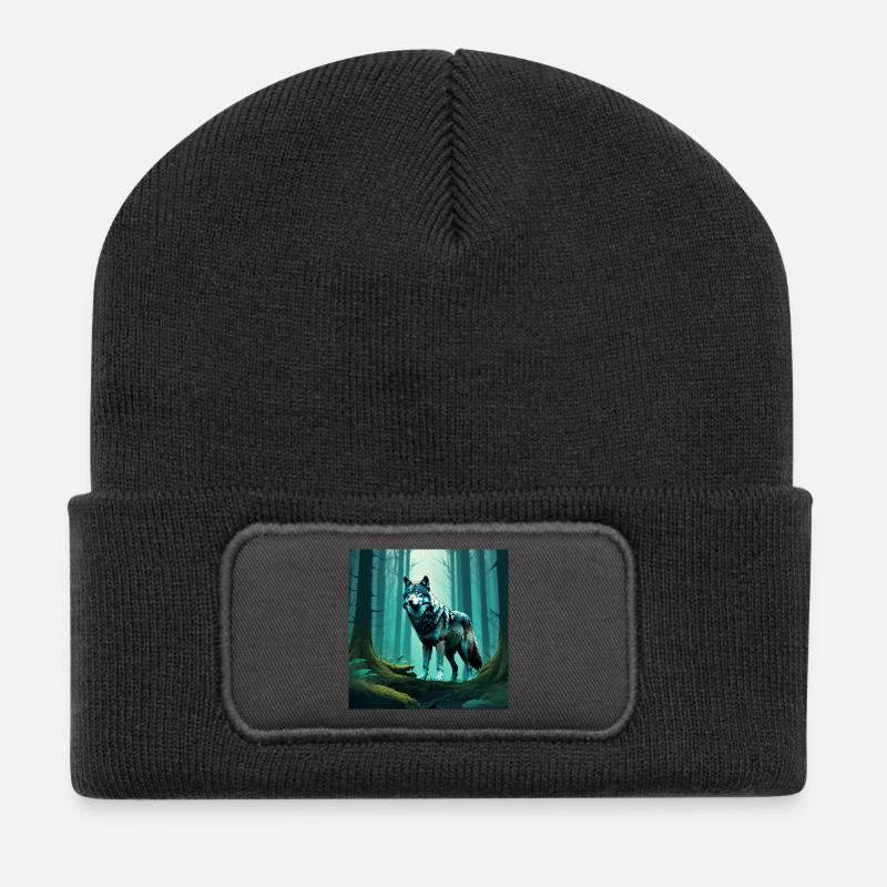 Waldwolf im Nebelwald - Recycelte Patch Beanie - Dunkelgrau