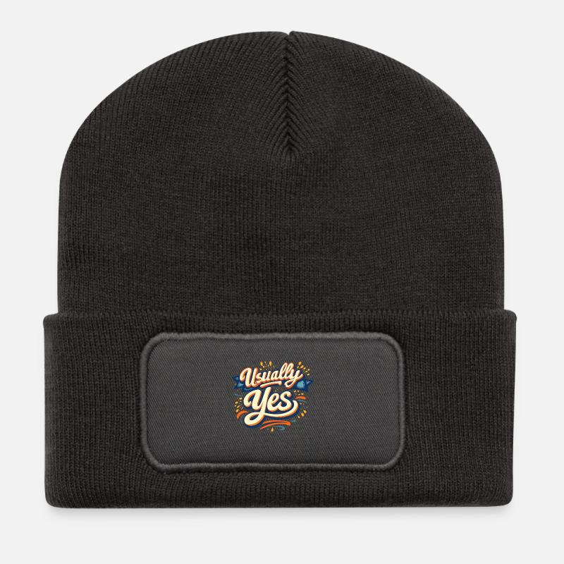 Usually Yes Retro Script - Recycelte Patch Beanie - Dunkelgrau