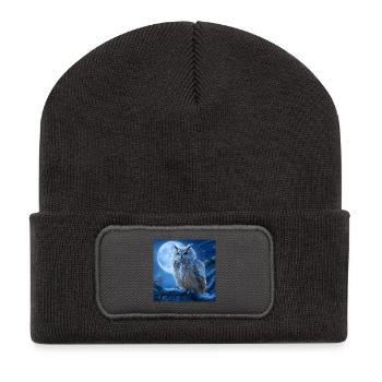 Schnee-Eule im Vollmond: Magische Winternacht - Recycelte Patch Beanie - Dunkelgrau - Vorne