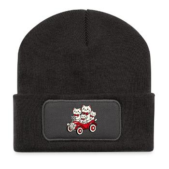 Cat Family Fliege Rotes Auto - Recycelte Patch Beanie - Dunkelgrau - Vorne