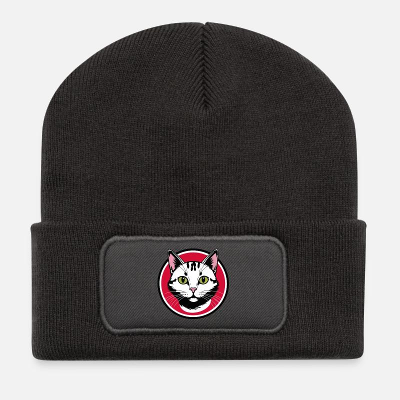 Katzengesicht Emblem im Rotkreis - Recycelte Patch Beanie - Dunkelgrau