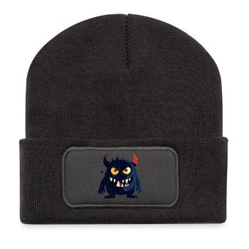 petit monstre coquin avec des cornes et des dents acérées - Beanie recyclé à patch - charbon - Devant