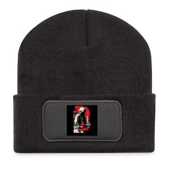 Hooded Mirage: Rot-Grau Geometrie - Recycelte Patch Beanie - Dunkelgrau - Vorne
