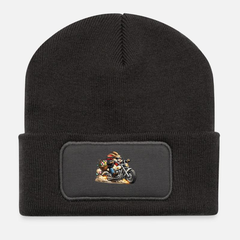 Osterhase auf Motorrad - Recycelte Patch Beanie - Dunkelgrau