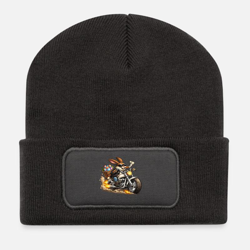 Osterhäschen auf Motorrad - Recycelte Patch Beanie - Dunkelgrau