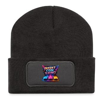 Retro Arcade Neon – Insert Coin - Recycelte Patch Beanie - Dunkelgrau - Vorne