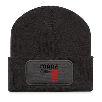 41. Geburtstag März 1986 - Recycelte Patch Beanie - Dunkelgrau - Vorne