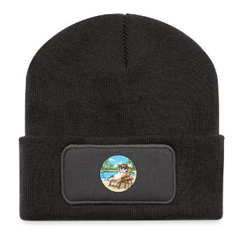Summer Bulldog Dog Relaxing By Pool Art - Recycled Patch Beanie - dark grey - Front