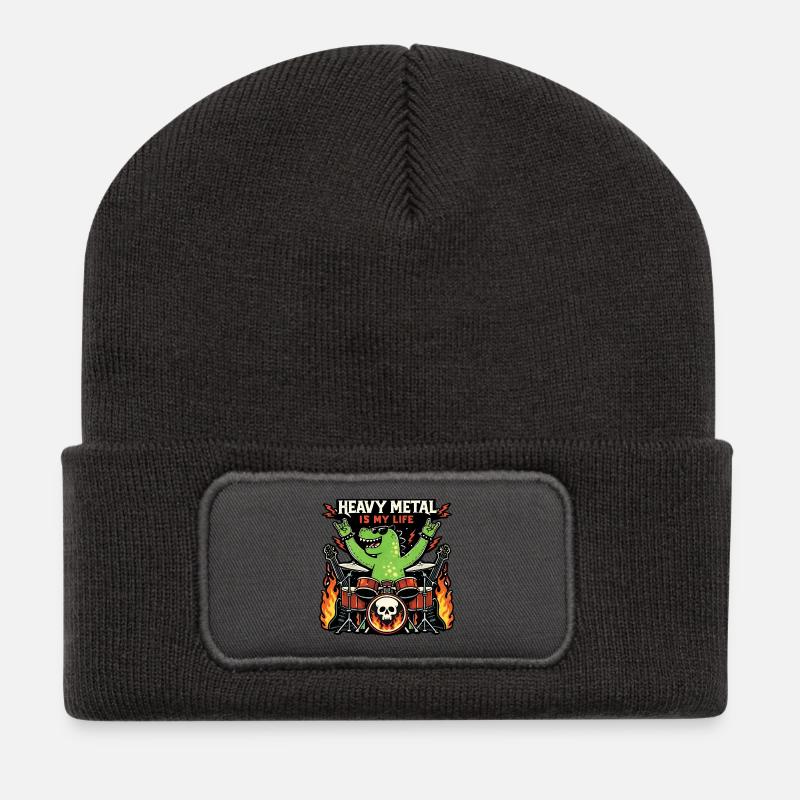 Heavy-Metal-Saurus am Schlagzeug - Recycelte Patch Beanie - Dunkelgrau