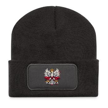 Polish Eagle: White and Red with Crown & Flag - Recycled Patch Beanie - dark grey - Front