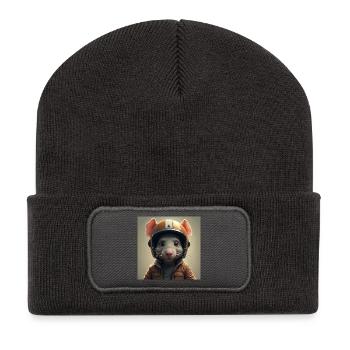 Die kleine Biker-Ratte - Recycelte Patch Beanie - Dunkelgrau - Vorne