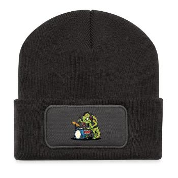 Chameleon Drummer Rock Music Mascot Cartoon - Recycled Patch Beanie - dark grey - Front