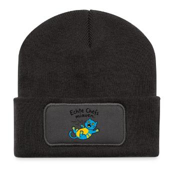 Fröhliche blaue Katze Miauen - Recycelte Patch Beanie - Dunkelgrau - Vorne