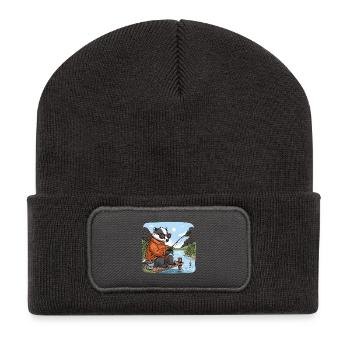 Cooler Dachs beim Angeln am See - Recycelte Patch Beanie - Dunkelgrau - Vorne