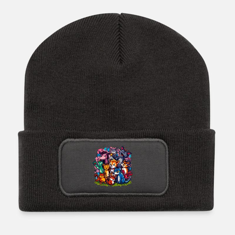 Cartoonfarben der Tiergruppe - Recycelte Patch Beanie - Dunkelgrau