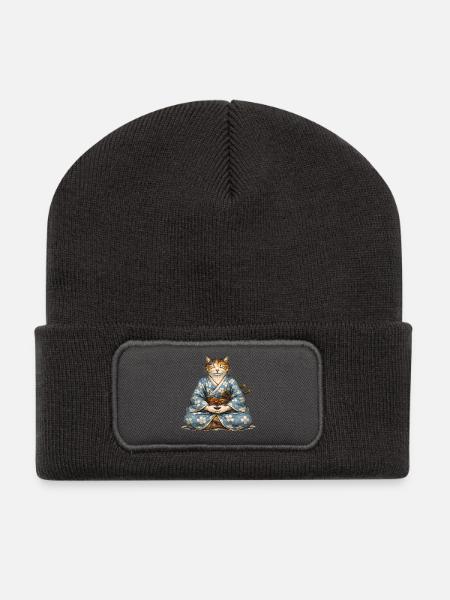 Zen-Samurai-Katzen-Meditationskimono - Recycelte Patch Beanie - Dunkelgrau
