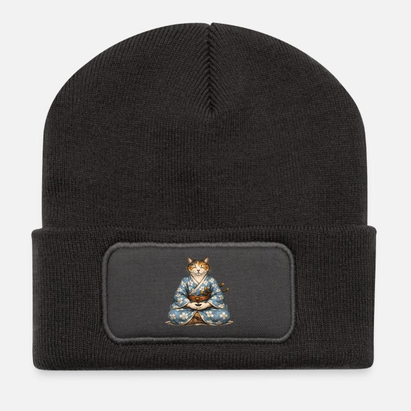 Zen-Samurai-Katzen-Meditationskimono - Recycelte Patch Beanie - Dunkelgrau