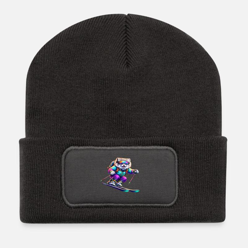Neon Skihund Wintersporttier - Recycelte Patch Beanie - Dunkelgrau
