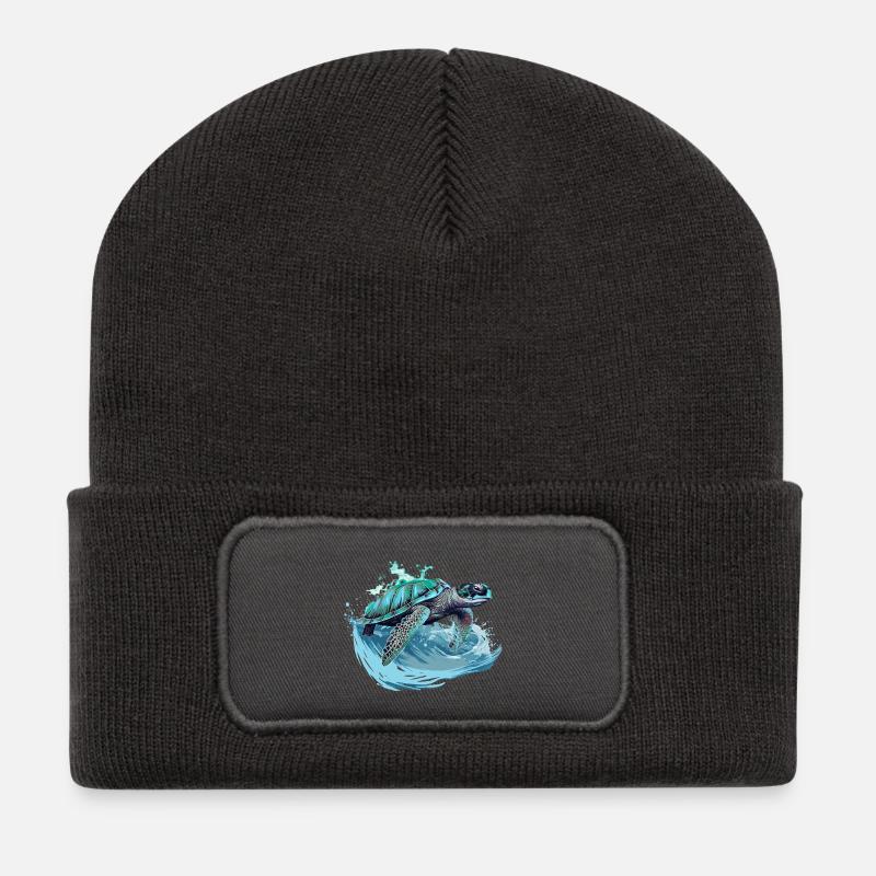 Neon Sea Turtle Wave Dance - Recycled Patch Beanie - dark grey