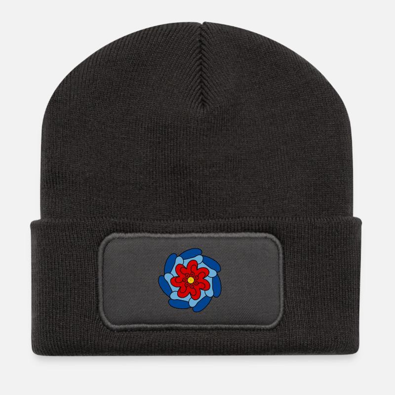 Red Flower Blue Mandala - Recycled Patch Beanie - dark grey