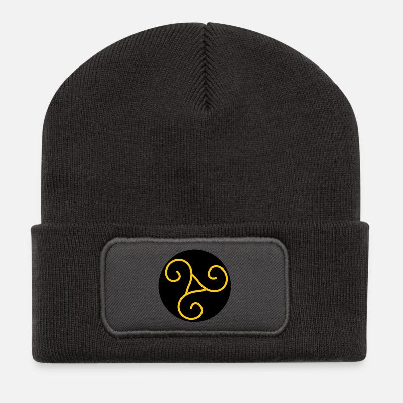 Yellow on Black Triskel Ornament - Recycled Patch Beanie - dark grey